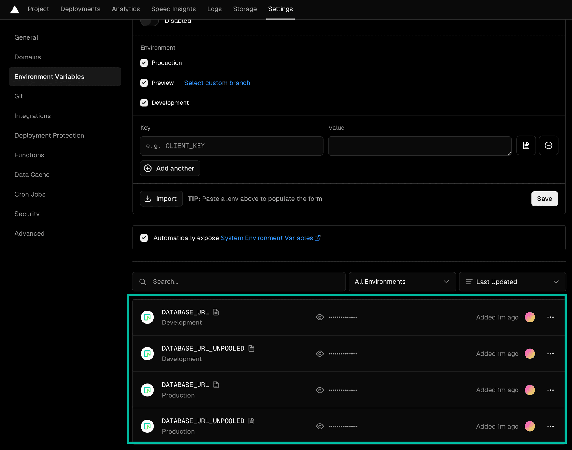 Vercel environment variables