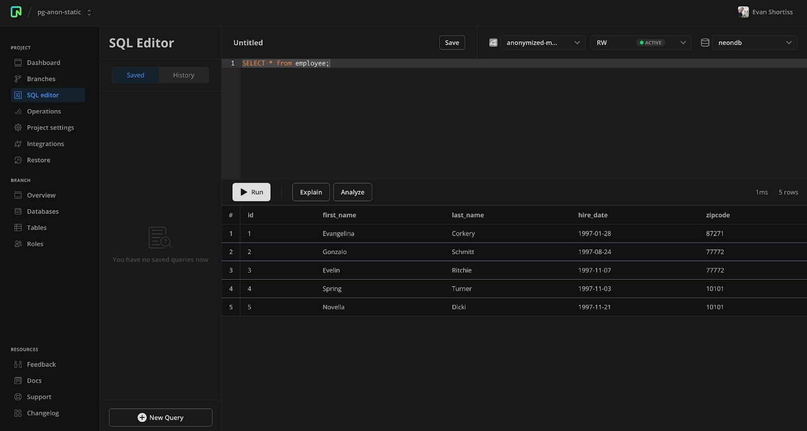 The results of static masking as seen by issuing a SELECT query using the Neon SQL Editor.